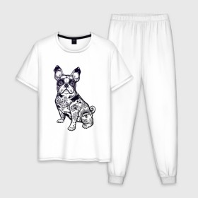 Мужская пижама хлопок с принтом Суровый бульдог в Екатеринбурге, 100% хлопок | брюки и футболка прямого кроя, без карманов, на брюках мягкая резинка на поясе и по низу штанин
 | бульдог | домашние животные | пес | песик | собака | собачка | французский бульдог