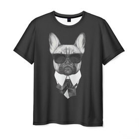 Мужская футболка 3D с принтом Бульдог в черном в Екатеринбурге, 100% полиэфир | прямой крой, круглый вырез горловины, длина до линии бедер | Тематика изображения на принте: бульдог | домашние животные | пес | песик | собака | собачка | французский бульдог