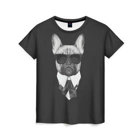 Женская футболка 3D с принтом Бульдог в черном в Екатеринбурге, 100% полиэфир ( синтетическое хлопкоподобное полотно) | прямой крой, круглый вырез горловины, длина до линии бедер | бульдог | домашние животные | пес | песик | собака | собачка | французский бульдог