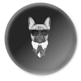 Значок с принтом Бульдог в черном в Екатеринбурге,  металл | круглая форма, металлическая застежка в виде булавки | бульдог | домашние животные | пес | песик | собака | собачка | французский бульдог