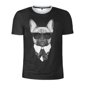 Мужская футболка 3D спортивная с принтом Бульдог в черном в Екатеринбурге, 100% полиэстер с улучшенными характеристиками | приталенный силуэт, круглая горловина, широкие плечи, сужается к линии бедра | Тематика изображения на принте: бульдог | домашние животные | пес | песик | собака | собачка | французский бульдог