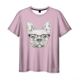 Мужская футболка 3D с принтом Бульдог в очках в Екатеринбурге, 100% полиэфир | прямой крой, круглый вырез горловины, длина до линии бедер | бульдог | домашние животные | пес | песик | собака | собачка | французский бульдог