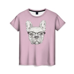 Женская футболка 3D с принтом Бульдог в очках в Екатеринбурге, 100% полиэфир ( синтетическое хлопкоподобное полотно) | прямой крой, круглый вырез горловины, длина до линии бедер | бульдог | домашние животные | пес | песик | собака | собачка | французский бульдог