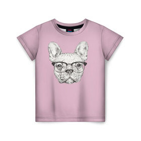 Детская футболка 3D с принтом Бульдог в очках в Екатеринбурге, 100% гипоаллергенный полиэфир | прямой крой, круглый вырез горловины, длина до линии бедер, чуть спущенное плечо, ткань немного тянется | бульдог | домашние животные | пес | песик | собака | собачка | французский бульдог