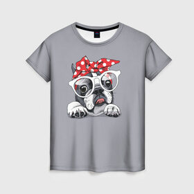 Женская футболка 3D с принтом Бульдог в очках_2 в Екатеринбурге, 100% полиэфир ( синтетическое хлопкоподобное полотно) | прямой крой, круглый вырез горловины, длина до линии бедер | Тематика изображения на принте: бульдог | домашние животные | пес | песик | собака | собачка | французский бульдог