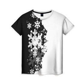 Женская футболка 3D с принтом Снежные узоры в Екатеринбурге, 100% полиэфир ( синтетическое хлопкоподобное полотно) | прямой крой, круглый вырез горловины, длина до линии бедер | black | christmas | new year | pattern | white | абстракция | зима | новый год | рождество | снег | снежинки | узор | черно белые