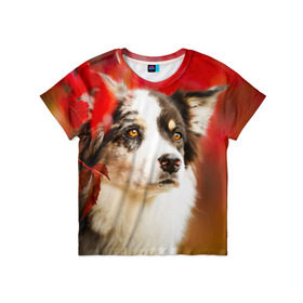 Детская футболка 3D с принтом Бордер колли в красных листьях в Екатеринбурге, 100% гипоаллергенный полиэфир | прямой крой, круглый вырез горловины, длина до линии бедер, чуть спущенное плечо, ткань немного тянется | border collie | dog | бордер колли | красный | листья | осень | собака