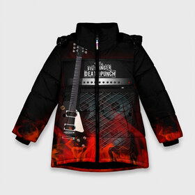 Зимняя куртка для девочек 3D с принтом Five Finger Death Punch в Екатеринбурге, ткань верха — 100% полиэстер; подклад — 100% полиэстер, утеплитель — 100% полиэстер. | длина ниже бедра, удлиненная спинка, воротник стойка и отстегивающийся капюшон. Есть боковые карманы с листочкой на кнопках, утяжки по низу изделия и внутренний карман на молнии. 

Предусмотрены светоотражающий принт на спинке, радужный светоотражающий элемент на пуллере молнии и на резинке для утяжки. | five finger death punch | logo | metal | music | rock | лого | логотип | метал | музыка | рок