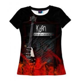 Женская футболка 3D с принтом Korn в Екатеринбурге, 100% полиэфир ( синтетическое хлопкоподобное полотно) | прямой крой, круглый вырез горловины, длина до линии бедер | korn | logo | metal | music | rock | лого | логотип | метал | музыка | рок