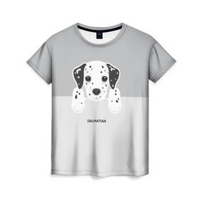 Женская футболка 3D с принтом Dalmatian Puppy в Екатеринбурге, 100% полиэфир ( синтетическое хлопкоподобное полотно) | прямой крой, круглый вырез горловины, длина до линии бедер | далматин | далматинец | домашние животные | пес | песик | собака | собачка | терьер | шпиц