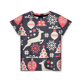 Детская футболка 3D с принтом Зимние фантазии в Екатеринбурге, 100% гипоаллергенный полиэфир | прямой крой, круглый вырез горловины, длина до линии бедер, чуть спущенное плечо, ткань немного тянется | Тематика изображения на принте: елка | елочные игрушки | новый год | олень | снег | снежинки
