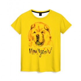 Женская футболка 3D с принтом Милый щенок в Екатеринбурге, 100% полиэфир ( синтетическое хлопкоподобное полотно) | прямой крой, круглый вырез горловины, длина до линии бедер | christmas | год собаки | желтая собака | новогодний | новый год | собака