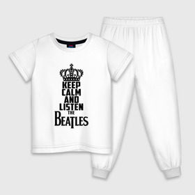 Детская пижама хлопок с принтом Keep calm and listen Beatles в Екатеринбурге, 100% хлопок |  брюки и футболка прямого кроя, без карманов, на брюках мягкая резинка на поясе и по низу штанин
 | Тематика изображения на принте: beatles | the beatles | бителз | бителс | битлз | битлс | битлы | группа | джон леннон | джордж харрисон | жуки | зе | ливерпульская четвёрка | мерсибит | пол маккартни | поп | ринго старр | рок