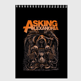 Скетчбук с принтом Asking Alexandria в Екатеринбурге, 100% бумага
 | 48 листов, плотность листов — 100 г/м2, плотность картонной обложки — 250 г/м2. Листы скреплены сверху удобной пружинной спиралью | Тематика изображения на принте: askalexandria | askingalexandria | hardcore | metal | metalcore | александрия | альтернатива | аск | аскинг | метал | скелет | хэви | череп