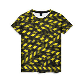 Женская футболка 3D с принтом Черно-желтая лента в Екатеринбурге, 100% полиэфир ( синтетическое хлопкоподобное полотно) | прямой крой, круглый вырез горловины, длина до линии бедер | danger | желтый | знак | ограждение | опастость | паттрен | скотч | черный