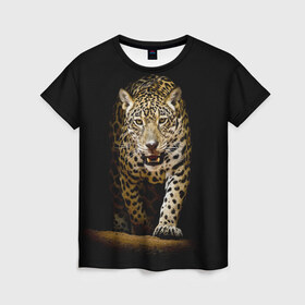 Женская футболка 3D с принтом Leopard в Екатеринбурге, 100% полиэфир ( синтетическое хлопкоподобное полотно) | прямой крой, круглый вырез горловины, длина до линии бедер | дикая кошка | зверь | клыки | кот | леопард | оскал | пантера | природа | хищник | ягуар