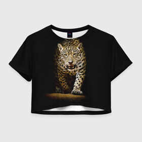 Женская футболка 3D укороченная с принтом Leopard в Екатеринбурге, 100% полиэстер | круглая горловина, длина футболки до линии талии, рукава с отворотами | дикая кошка | зверь | клыки | кот | леопард | оскал | пантера | природа | хищник | ягуар