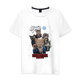 Мужская футболка хлопок с принтом Stranger Things в Екатеринбурге, 100% хлопок | прямой крой, круглый вырез горловины, длина до линии бедер, слегка спущенное плечо. | кот | коты | очень странные дела