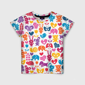 Детская футболка 3D с принтом Веселый зоопарк в Екатеринбурге, 100% гипоаллергенный полиэфир | прямой крой, круглый вырез горловины, длина до линии бедер, чуть спущенное плечо, ткань немного тянется | Тематика изображения на принте: бабочка | заяц | кролик | слон | цветы | черепаxа