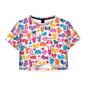 Женская футболка 3D укороченная с принтом Веселый зоопарк в Екатеринбурге, 100% полиэстер | круглая горловина, длина футболки до линии талии, рукава с отворотами | бабочка | заяц | кролик | слон | цветы | черепаxа