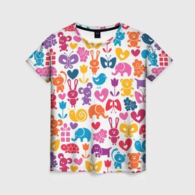 Женская футболка 3D с принтом Веселый зоопарк в Екатеринбурге, 100% полиэфир ( синтетическое хлопкоподобное полотно) | прямой крой, круглый вырез горловины, длина до линии бедер | бабочка | заяц | кролик | слон | цветы | черепаxа