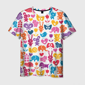 Мужская футболка 3D с принтом Веселый зоопарк в Екатеринбурге, 100% полиэфир | прямой крой, круглый вырез горловины, длина до линии бедер | бабочка | заяц | кролик | слон | цветы | черепаxа