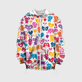 Детская куртка 3D с принтом Веселый зоопарк в Екатеринбурге, 100% полиэстер | застежка — молния, подол и капюшон оформлены резинкой с фиксаторами, по бокам — два кармана без застежек, один потайной карман на груди, плотность верхнего слоя — 90 г/м2; плотность флисового подклада — 260 г/м2 | бабочка | заяц | кролик | слон | цветы | черепаxа