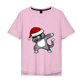Мужская футболка хлопок Oversize с принтом DAB Cat Santa в Екатеринбурге, 100% хлопок | свободный крой, круглый ворот, “спинка” длиннее передней части | Тематика изображения на принте: даб | кот | новогодний | рождество | шапка