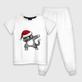 Детская пижама хлопок с принтом DAB Cat Santa в Екатеринбурге, 100% хлопок |  брюки и футболка прямого кроя, без карманов, на брюках мягкая резинка на поясе и по низу штанин
 | даб | кот | новогодний | рождество | шапка
