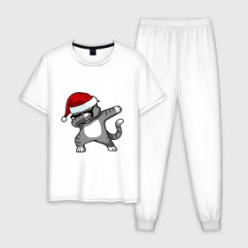 Мужская пижама хлопок с принтом DAB Cat Santa в Екатеринбурге, 100% хлопок | брюки и футболка прямого кроя, без карманов, на брюках мягкая резинка на поясе и по низу штанин
 | даб | кот | новогодний | рождество | шапка