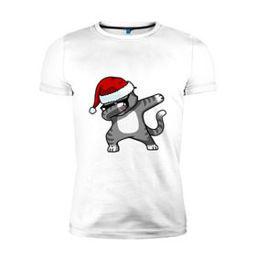 Мужская футболка премиум с принтом DAB Cat Santa в Екатеринбурге, 92% хлопок, 8% лайкра | приталенный силуэт, круглый вырез ворота, длина до линии бедра, короткий рукав | Тематика изображения на принте: даб | кот | новогодний | рождество | шапка