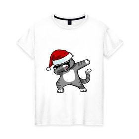 Женская футболка хлопок с принтом DAB Cat Santa в Екатеринбурге, 100% хлопок | прямой крой, круглый вырез горловины, длина до линии бедер, слегка спущенное плечо | даб | кот | новогодний | рождество | шапка
