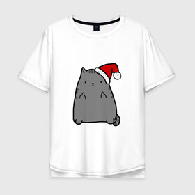 Мужская футболка хлопок Oversize с принтом New Year Cat в Екатеринбурге, 100% хлопок | свободный крой, круглый ворот, “спинка” длиннее передней части | Тематика изображения на принте: кот | новогодний | рождество | шапка