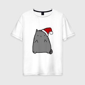 Женская футболка хлопок Oversize с принтом New Year Cat в Екатеринбурге, 100% хлопок | свободный крой, круглый ворот, спущенный рукав, длина до линии бедер
 | кот | новогодний | рождество | шапка