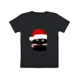 Детская футболка хлопок с принтом кот новый год в Екатеринбурге, 100% хлопок | круглый вырез горловины, полуприлегающий силуэт, длина до линии бедер | дед мороз | ёлка | котэ | леденец | новый год | россия