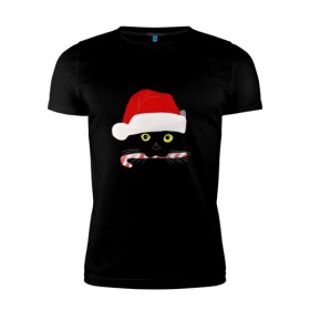 Мужская футболка премиум с принтом кот новый год в Екатеринбурге, 92% хлопок, 8% лайкра | приталенный силуэт, круглый вырез ворота, длина до линии бедра, короткий рукав | дед мороз | ёлка | котэ | леденец | новый год | россия