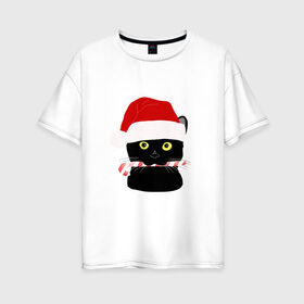 Женская футболка хлопок Oversize с принтом кот новый год в Екатеринбурге, 100% хлопок | свободный крой, круглый ворот, спущенный рукав, длина до линии бедер
 | дед мороз | ёлка | котэ | леденец | новый год | россия