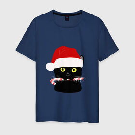 Мужская футболка хлопок с принтом кот новый год в Екатеринбурге, 100% хлопок | прямой крой, круглый вырез горловины, длина до линии бедер, слегка спущенное плечо. | дед мороз | ёлка | котэ | леденец | новый год | россия