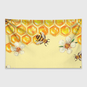Флаг-баннер с принтом Любители меда в Екатеринбурге, 100% полиэстер | размер 67 х 109 см, плотность ткани — 95 г/м2; по краям флага есть четыре люверса для крепления | крылья | мед | насекомое | полет | природа | пчелы | улей | цветное | яркое