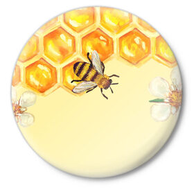 Значок с принтом Любители меда в Екатеринбурге,  металл | круглая форма, металлическая застежка в виде булавки | крылья | мед | насекомое | полет | природа | пчелы | улей | цветное | яркое