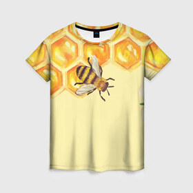 Женская футболка 3D с принтом Любители меда в Екатеринбурге, 100% полиэфир ( синтетическое хлопкоподобное полотно) | прямой крой, круглый вырез горловины, длина до линии бедер | Тематика изображения на принте: крылья | мед | насекомое | полет | природа | пчелы | улей | цветное | яркое