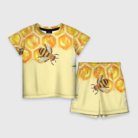 Детский костюм с шортами 3D с принтом Любители меда в Екатеринбурге,  |  | Тематика изображения на принте: крылья | мед | насекомое | полет | природа | пчелы | улей | цветное | яркое