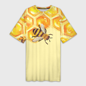 Платье-футболка 3D с принтом Любители меда в Екатеринбурге,  |  | крылья | мед | насекомое | полет | природа | пчелы | улей | цветное | яркое
