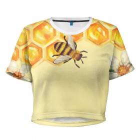 Женская футболка 3D укороченная с принтом Любители меда в Екатеринбурге, 100% полиэстер | круглая горловина, длина футболки до линии талии, рукава с отворотами | Тематика изображения на принте: крылья | мед | насекомое | полет | природа | пчелы | улей | цветное | яркое