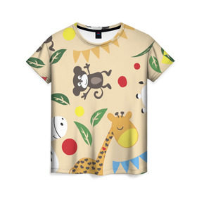 Женская футболка 3D с принтом Веселый зоопарк в Екатеринбурге, 100% полиэфир ( синтетическое хлопкоподобное полотно) | прямой крой, круглый вырез горловины, длина до линии бедер | Тематика изображения на принте: жираф | лошадь | мартышка | пони