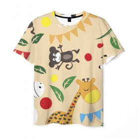Мужская футболка 3D с принтом Веселый зоопарк в Екатеринбурге, 100% полиэфир | прямой крой, круглый вырез горловины, длина до линии бедер | жираф | лошадь | мартышка | пони