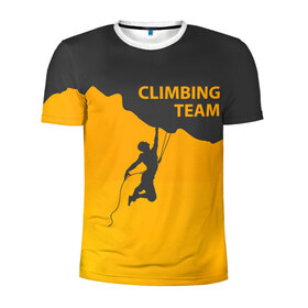 Мужская футболка 3D спортивная с принтом climbing в Екатеринбурге, 100% полиэстер с улучшенными характеристиками | приталенный силуэт, круглая горловина, широкие плечи, сужается к линии бедра | Тематика изображения на принте: adrenaline | extreme | hiking | mountaineering | mountains | risk | rock climb | rocks | sport | адреналин | альпинизм | высота | горы | риск | скалолазание | скалы | спорт | туризм | экстрим