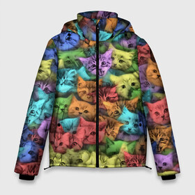 Мужская зимняя куртка 3D с принтом Разноцветные коты в Екатеринбурге, верх — 100% полиэстер; подкладка — 100% полиэстер; утеплитель — 100% полиэстер | длина ниже бедра, свободный силуэт Оверсайз. Есть воротник-стойка, отстегивающийся капюшон и ветрозащитная планка. 

Боковые карманы с листочкой на кнопках и внутренний карман на молнии. | Тематика изображения на принте: котенок | котик | котята | кошка | кошки | паттерн
