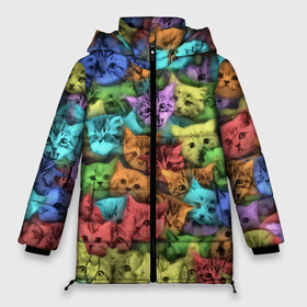 Женская зимняя куртка 3D с принтом Разноцветные коты в Екатеринбурге, верх — 100% полиэстер; подкладка — 100% полиэстер; утеплитель — 100% полиэстер | длина ниже бедра, силуэт Оверсайз. Есть воротник-стойка, отстегивающийся капюшон и ветрозащитная планка. 

Боковые карманы с листочкой на кнопках и внутренний карман на молнии | котенок | котик | котята | кошка | кошки | паттерн
