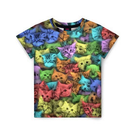 Детская футболка 3D с принтом Разноцветные коты в Екатеринбурге, 100% гипоаллергенный полиэфир | прямой крой, круглый вырез горловины, длина до линии бедер, чуть спущенное плечо, ткань немного тянется | котенок | котик | котята | кошка | кошки | паттерн